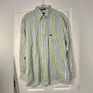 Faconnable Mens Cotton Collared Button Down Casual Shirt Grn/Blu/Wht Stripe Sz M